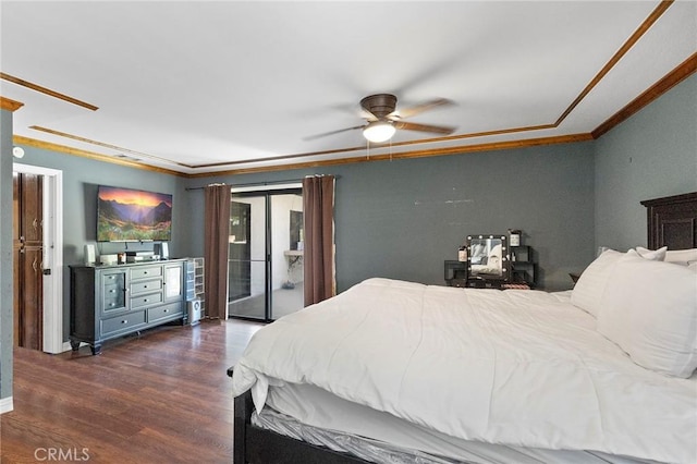 bedroom with access to exterior, ceiling fan, dark hardwood / wood-style flooring, and ornamental molding