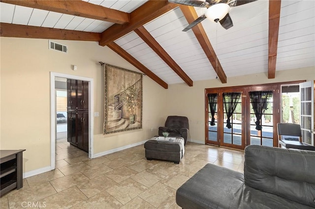 living room with lofted ceiling with beams, ceiling fan, wooden ceiling, and french doors