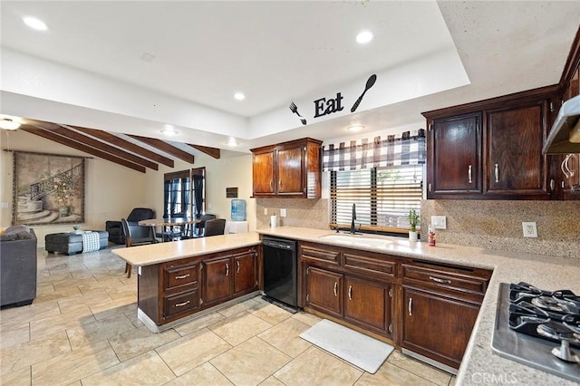 kitchen with sink, dishwasher, tasteful backsplash, kitchen peninsula, and stainless steel gas stovetop