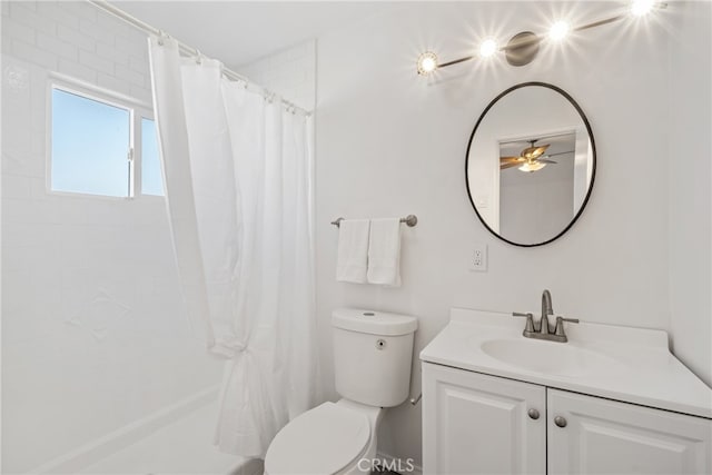 bathroom with ceiling fan, vanity, and toilet