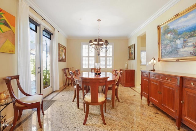 dining space with a notable chandelier and ornamental molding