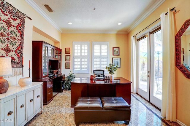 home office with crown molding and a healthy amount of sunlight