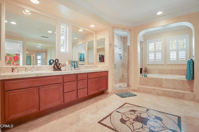 bathroom with crown molding, tile patterned flooring, and shower with separate bathtub