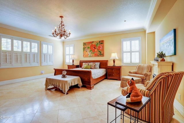 bedroom featuring light tile patterned floors, a textured ceiling, ornamental molding, and a notable chandelier