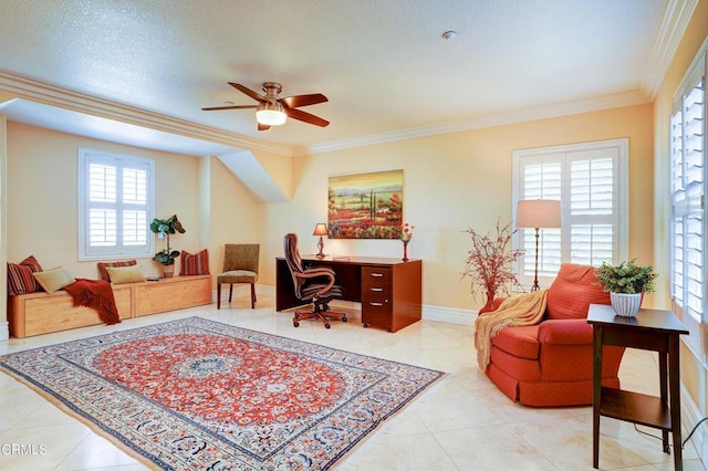 office featuring ceiling fan, ornamental molding, and a wealth of natural light