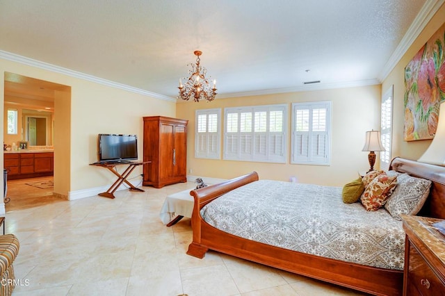 bedroom featuring a chandelier, ornamental molding, light tile patterned floors, and ensuite bath