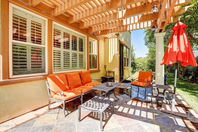 view of patio / terrace featuring a pergola and outdoor lounge area