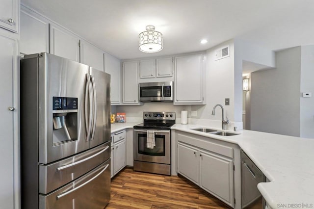 kitchen featuring stainless steel appliances, dark wood-type flooring, and sink