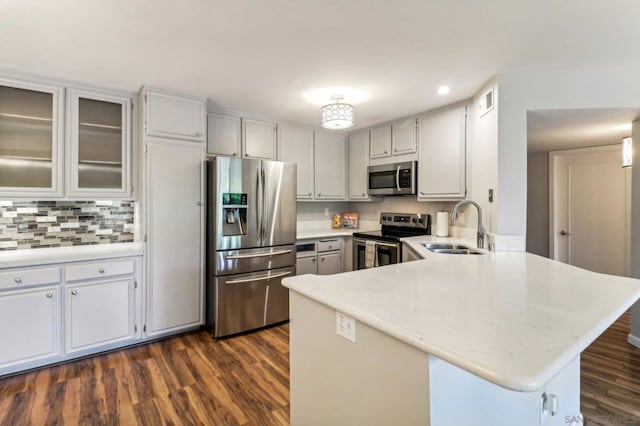 kitchen with sink, appliances with stainless steel finishes, dark hardwood / wood-style floors, and kitchen peninsula