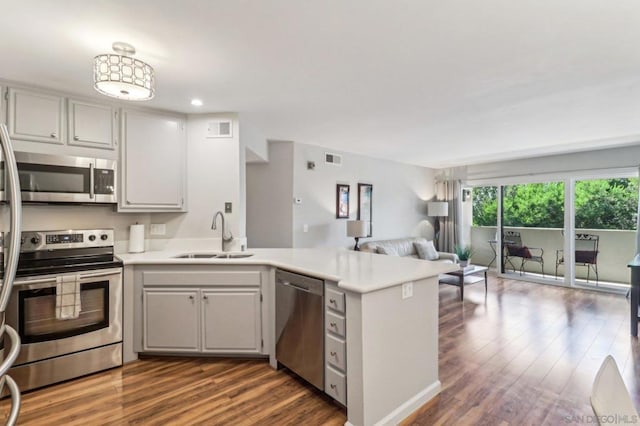 kitchen with stainless steel appliances, dark hardwood / wood-style floors, sink, and kitchen peninsula