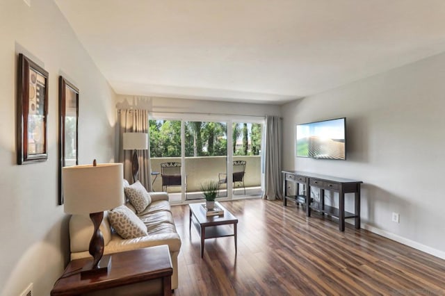 living room with dark hardwood / wood-style floors