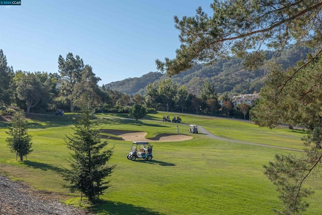 view of property's community with a mountain view and a lawn