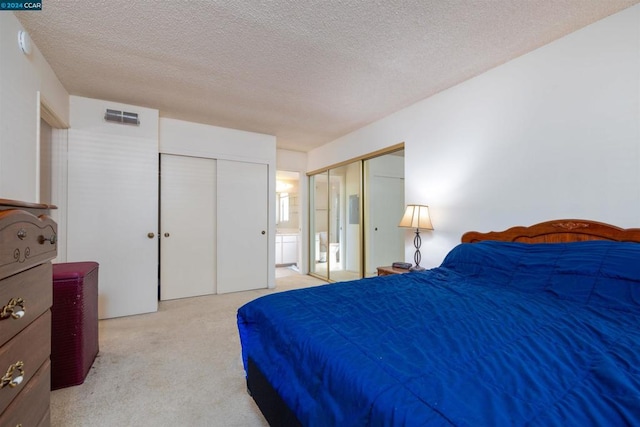 carpeted bedroom with a textured ceiling and two closets