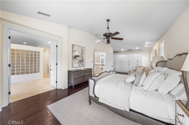 bedroom with hardwood / wood-style floors and ceiling fan