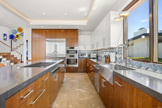 kitchen featuring white cabinetry, sink, tasteful backsplash, a raised ceiling, and appliances with stainless steel finishes