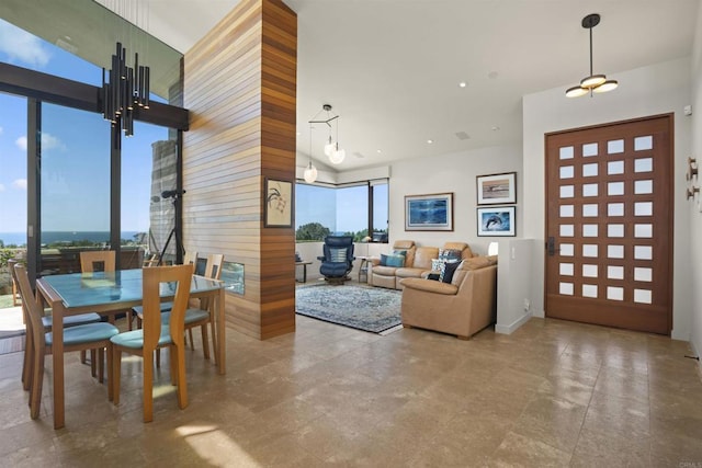 living room featuring wood walls