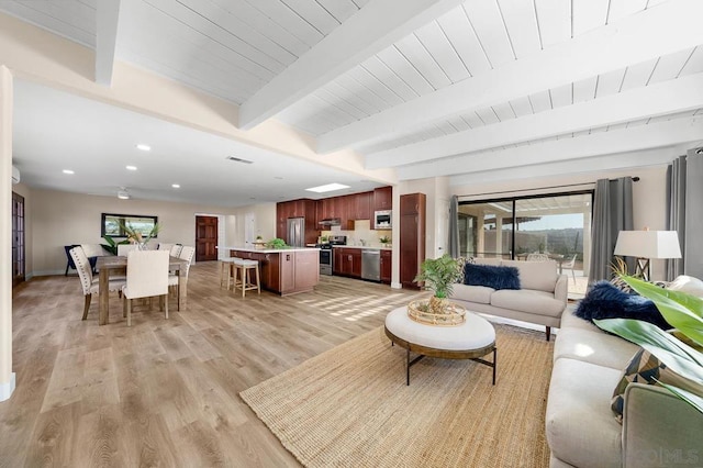 living room with beamed ceiling and light hardwood / wood-style flooring