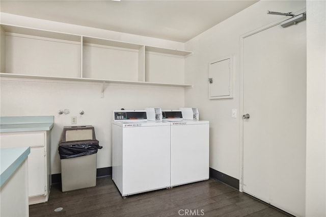 washroom with electric panel and dark hardwood / wood-style flooring