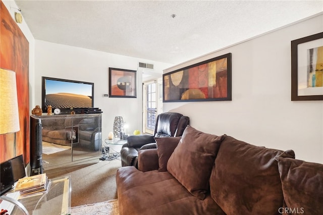 living room with a textured ceiling and carpet