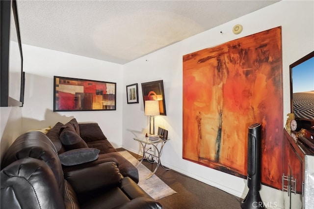 living room featuring a textured ceiling and carpet