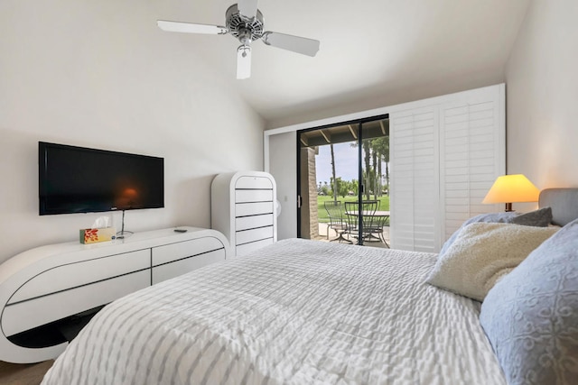 bedroom featuring lofted ceiling, ceiling fan, and access to exterior