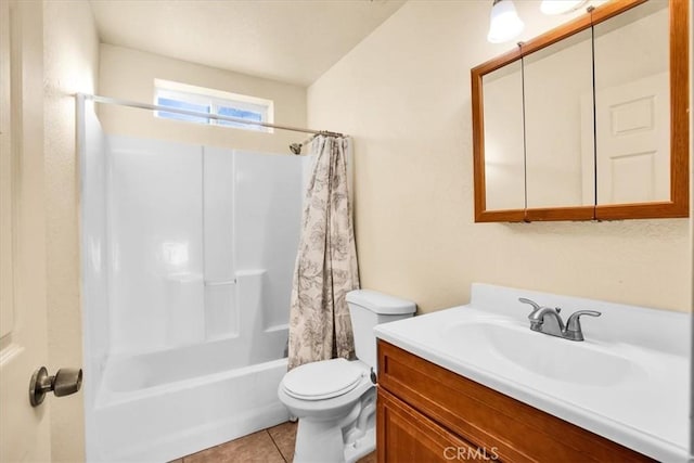 full bathroom with tile patterned floors, vanity, toilet, and shower / bathtub combination with curtain