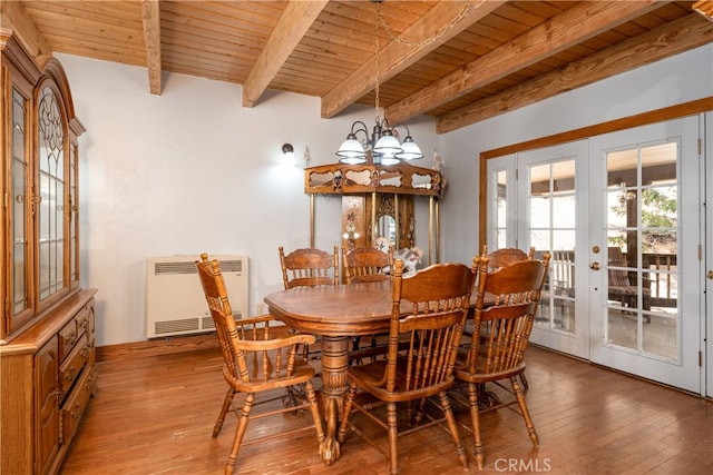 7226 Yosemite Park Way, Yosemite, CA 95389 - dining room with an inviting chandelier, hardwood / wood-style floors, wooden ceiling, and french doors