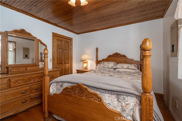 7226 Yosemite Park Way, Yosemite, CA 95389 - bedroom with wood ceiling, ornamental molding, and hardwood / wood-style flooring
