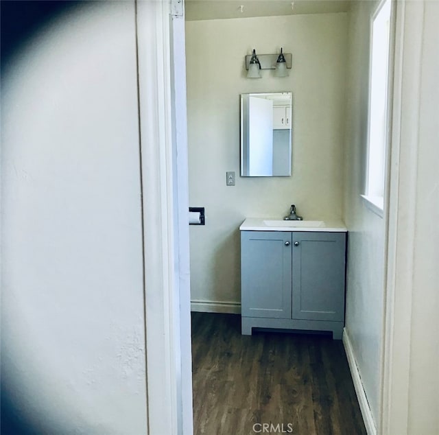 bathroom with vanity and hardwood / wood-style floors