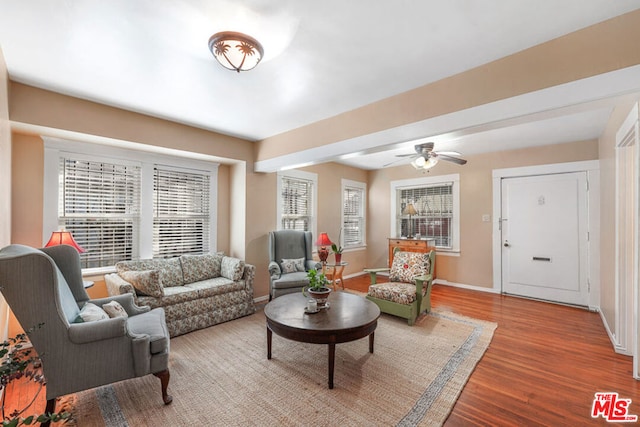 living room with hardwood / wood-style floors and ceiling fan