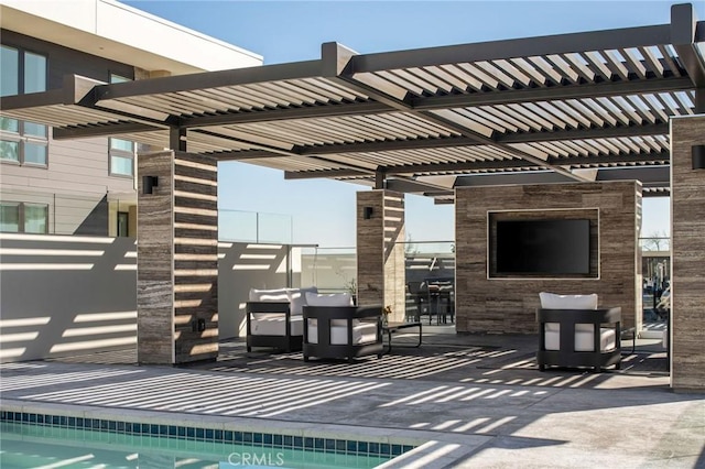 view of patio with a fenced in pool and a pergola