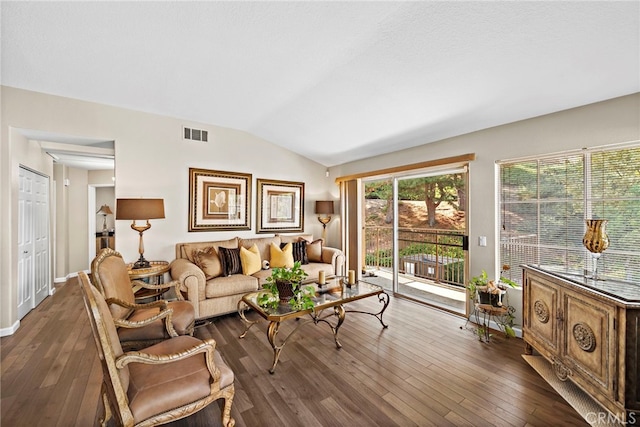 living room featuring dark wood-type flooring and vaulted ceiling