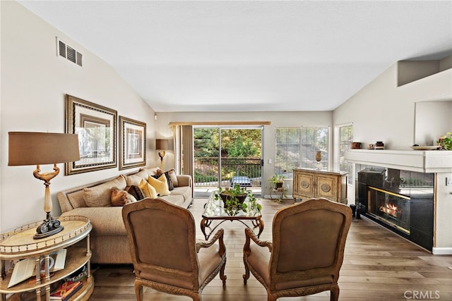 living room with wood-type flooring, lofted ceiling, and a premium fireplace