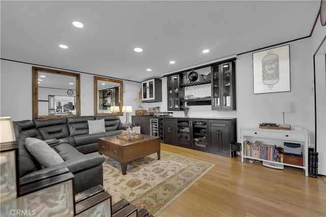 4140 Baldwin Ave Unit A, Culver City, CA 90232 - living area with bar with sink, light wood-style floors, wine cooler, and recessed lighting