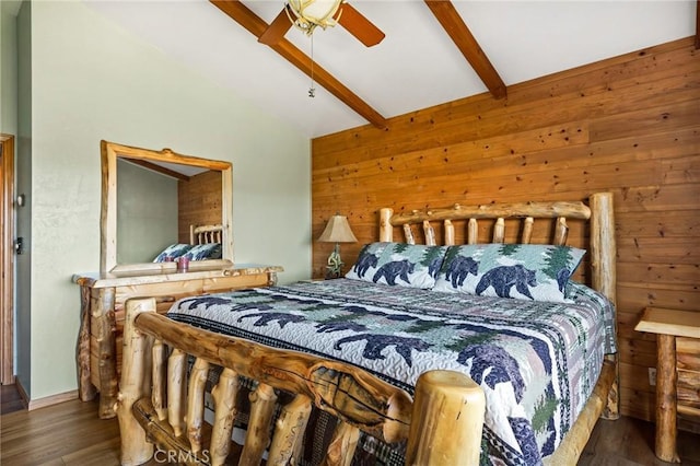 30008 Hickory Dr, Lake Arrowhead, CA 92321 - bedroom with wooden walls, beamed ceiling, wood finished floors, a ceiling fan, and high vaulted ceiling