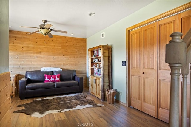 30008 Hickory Dr, Lake Arrowhead, CA 92321 - living room featuring ceiling fan, wood walls, wood finished floors, and recessed lighting