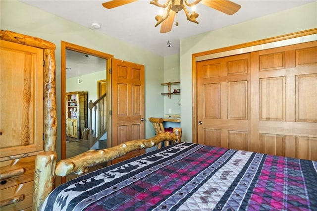 bedroom with ceiling fan and a closet