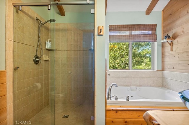 30008 Hickory Dr, Lake Arrowhead, CA 92321 - bathroom with a stall shower, a garden tub, and wooden walls