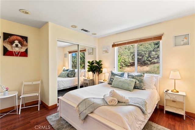 bedroom with a closet, multiple windows, and dark hardwood / wood-style flooring