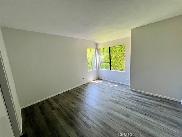 spare room featuring vaulted ceiling and dark wood-type flooring