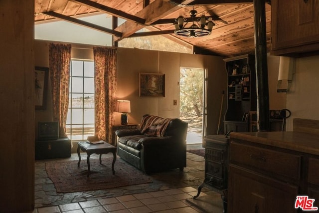 living room featuring a notable chandelier, wood ceiling, and lofted ceiling with beams