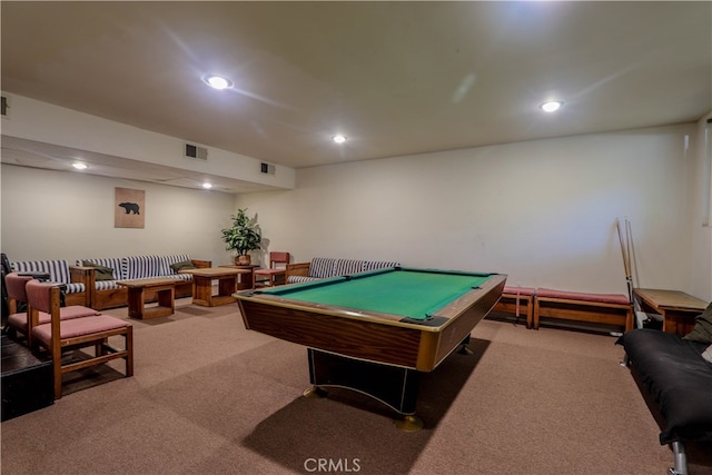 rec room with carpet floors and billiards