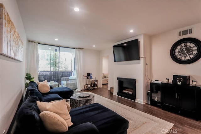 living room featuring dark wood-type flooring