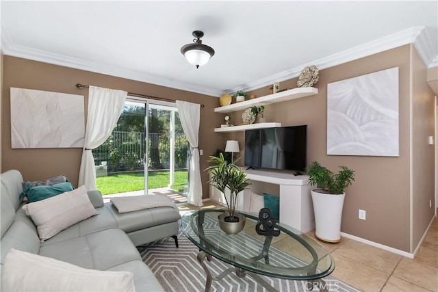 living room featuring crown molding and light tile patterned flooring