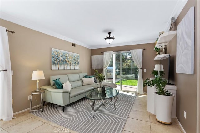 living room with light tile patterned floors and crown molding