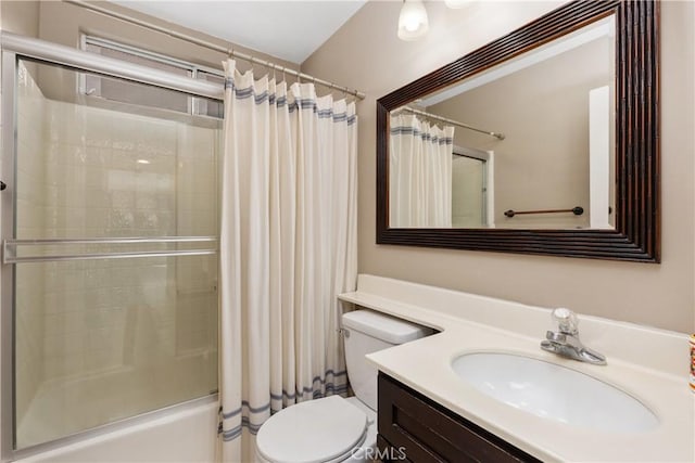 full bathroom with shower / tub combo, vanity, and toilet