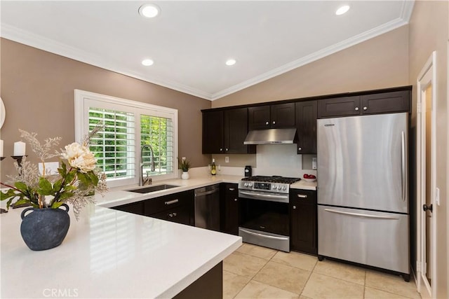 kitchen with stainless steel appliances, vaulted ceiling, crown molding, sink, and light tile patterned flooring