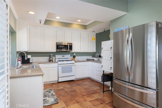 kitchen featuring white cabinets, a raised ceiling, sink, stainless steel appliances, and crown molding