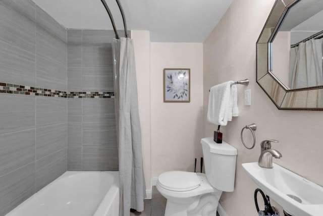 bathroom with tile patterned flooring, toilet, and shower / tub combo with curtain