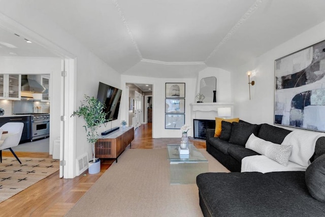 living room with parquet floors